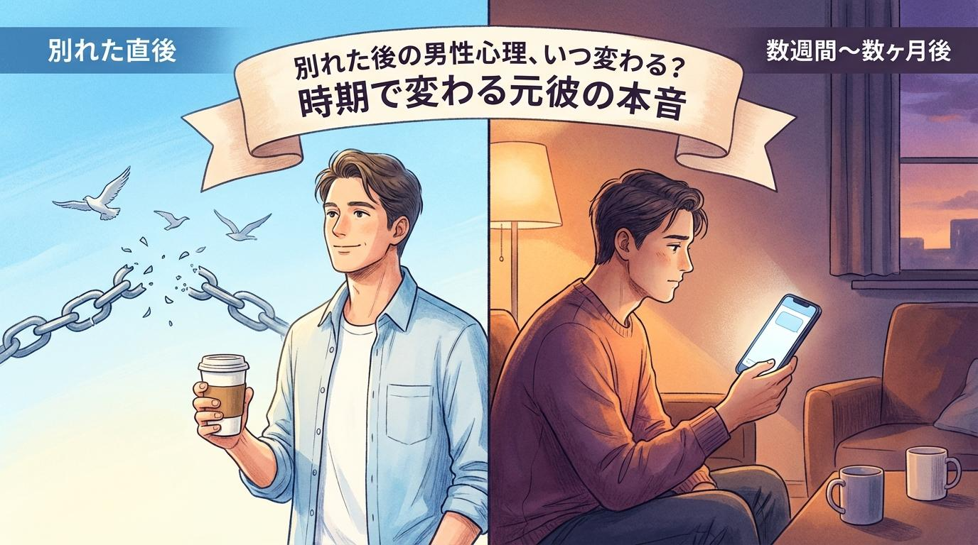 別れた後の男性心理が時期で変わる様子を表したアイキャッチ画像
