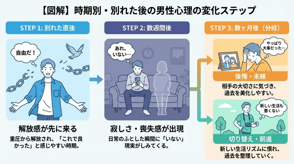 別れた後の男性心理の変化を別れた直後・数週間後・数か月後で整理した図解