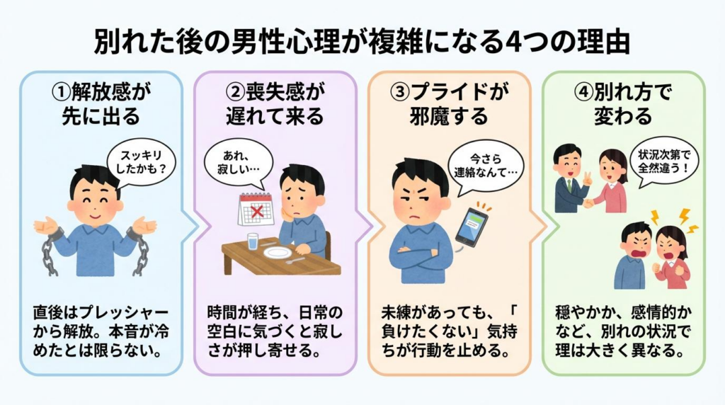 別れた後の男性心理が複雑になる4つの理由をシンプルに整理した図解