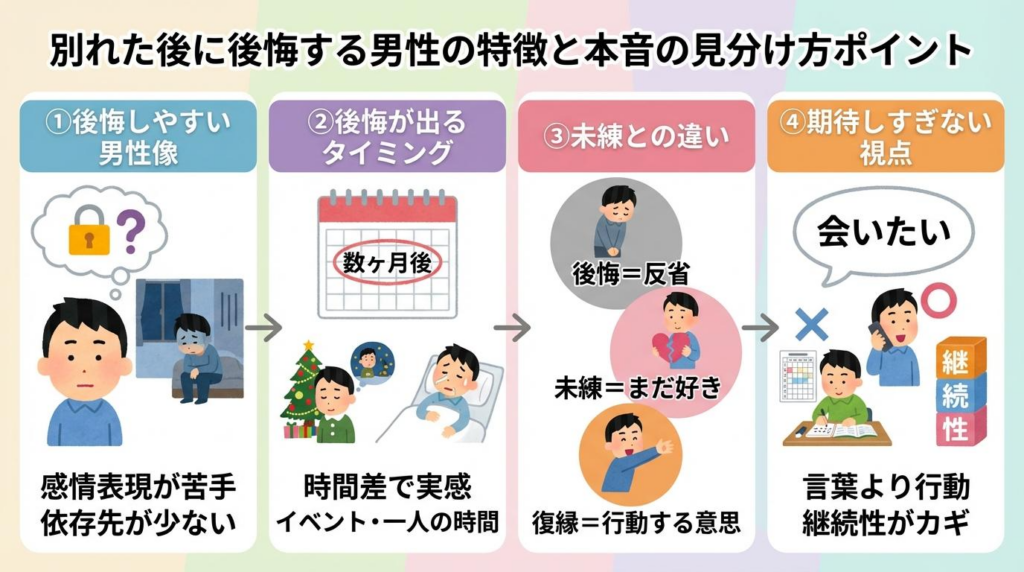 別れた後に後悔する男性の特徴と本音の見分け方を4つの視点で整理した図解