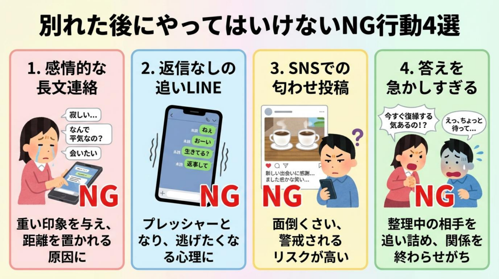 別れた後にやってはいけないNG行動4つを解説した図解