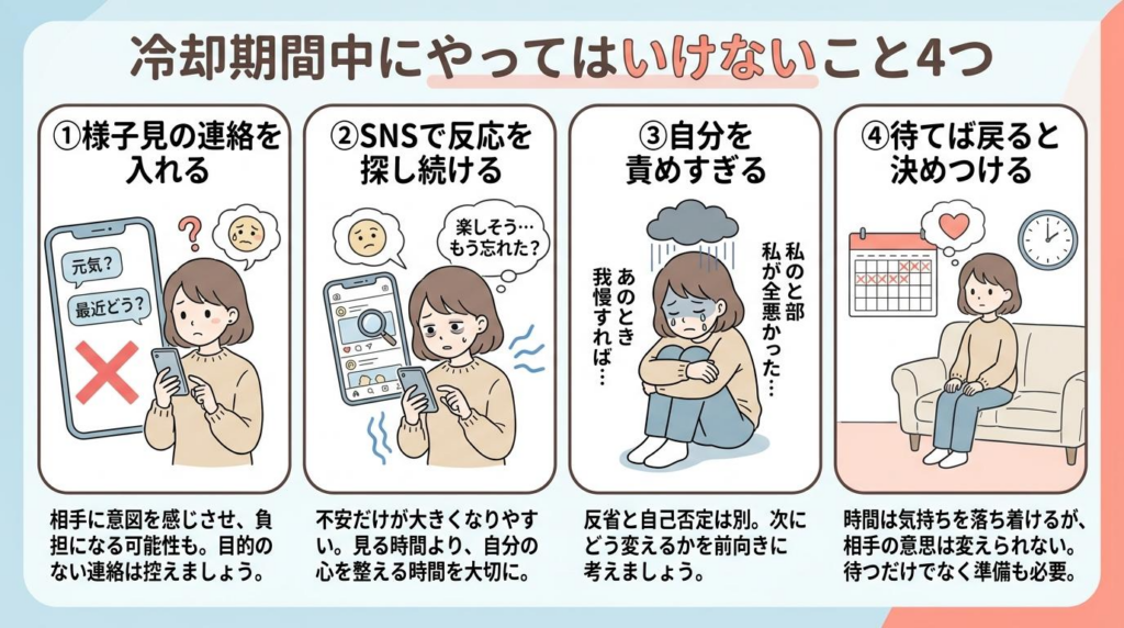冷却期間中にやってはいけない4つの行動をまとめた図解