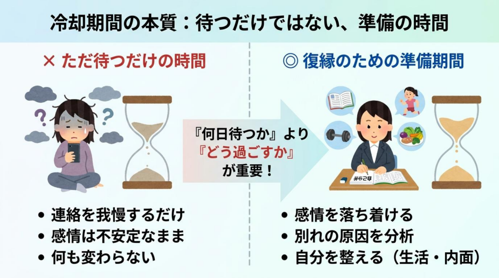 冷却期間は待つだけでなく復縁に向けて自分を整える準備期間であることを示した図解