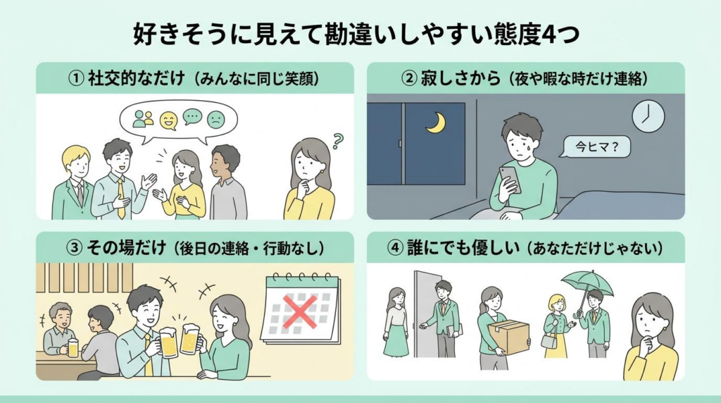 好きそうに見えて勘違いしやすい男性の態度4つを整理した図解