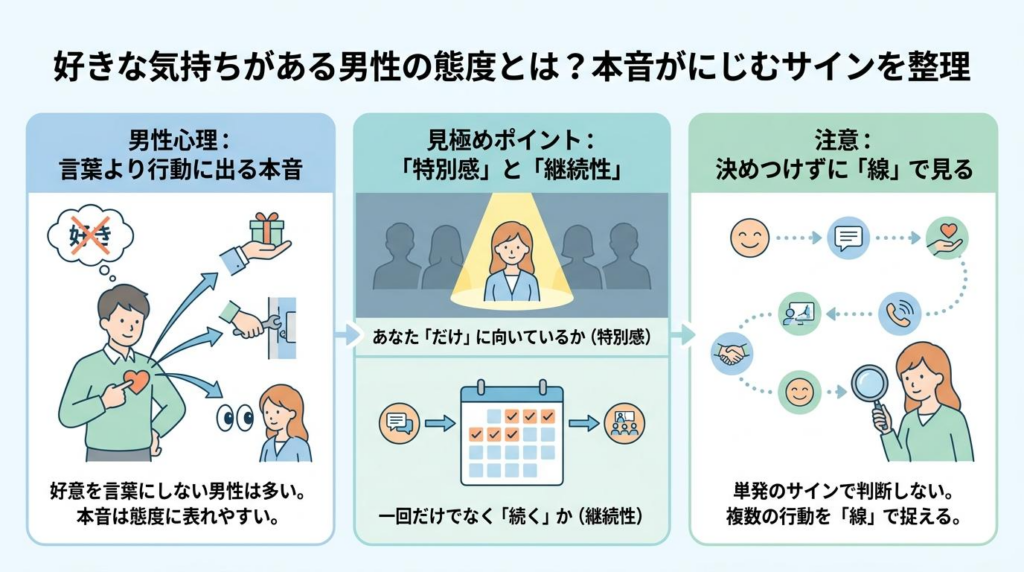 好きな気持ちがある男性の態度と本音がにじむサインを整理した図解