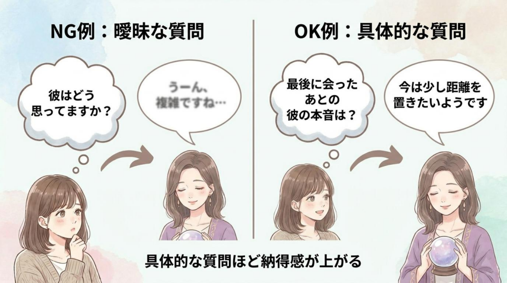 電話占いで相手の気持ちを聞くときの曖昧な質問と具体的な質問の違いを比較した図解