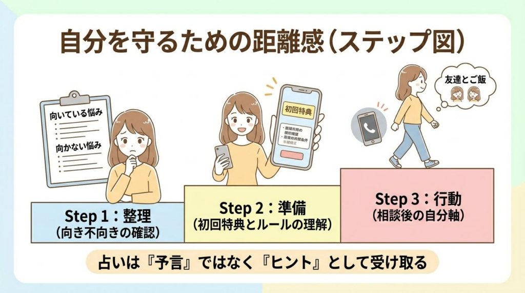 電話占いで後悔しないための距離感を整理・準備・行動の3ステップで示した図解
