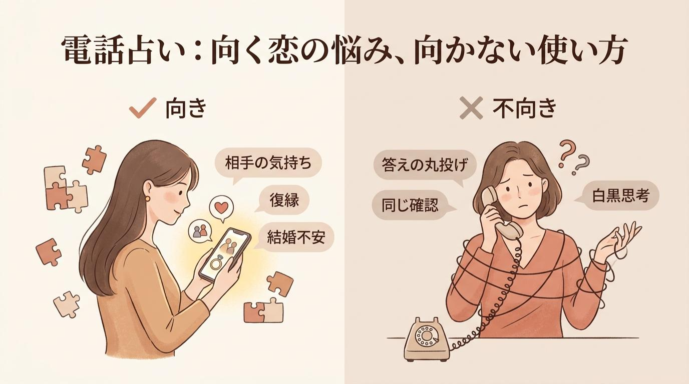 電話占いが向いている恋愛悩みと向かない使い方を比較したアイキャッチ