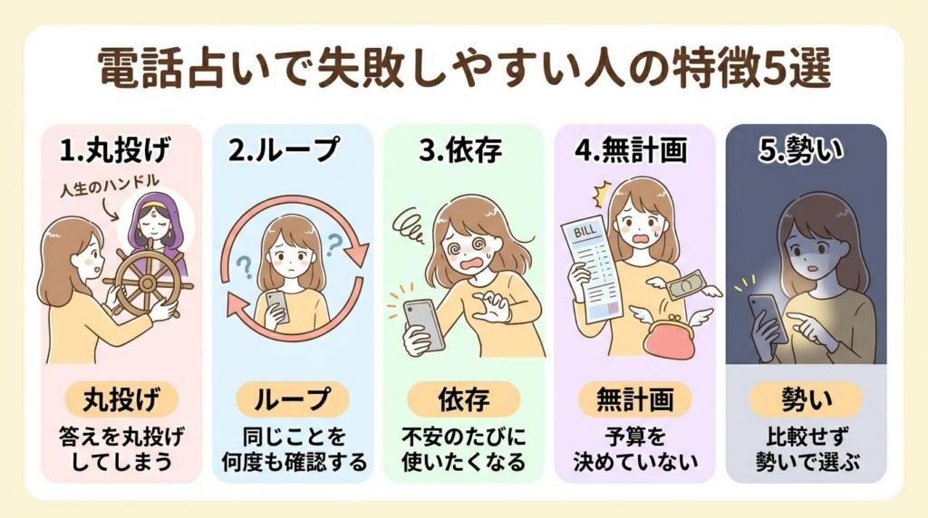 電話占いで失敗しやすい人の特徴5つを丸投げ・ループ・依存・無計画・勢いで整理した図解