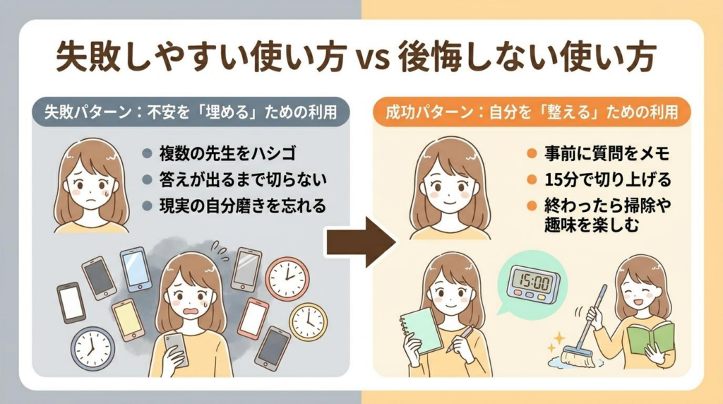 電話占いの失敗しやすい使い方と後悔しない使い方を比較した図解