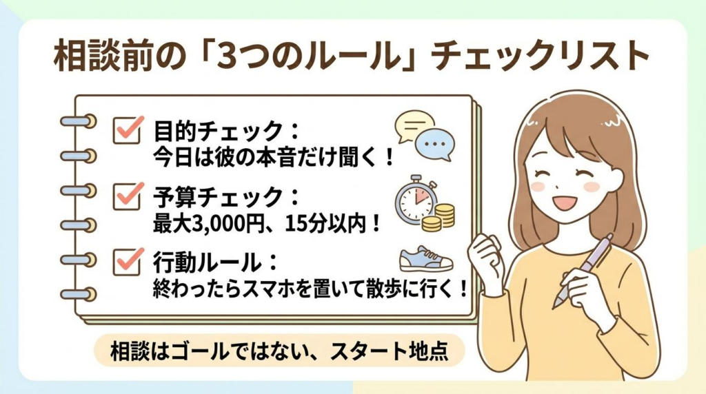 電話占いの相談前に確認したい目的・予算・行動の3つのルールを示したチェックリスト図解
