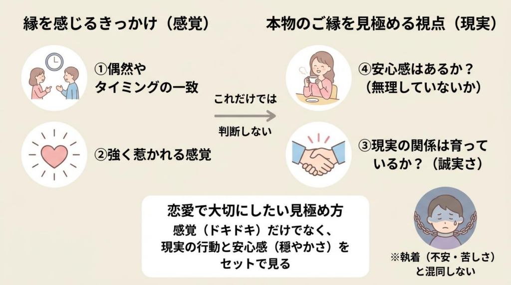 縁を感じるきっかけと本物のご縁を見極める視点の図解