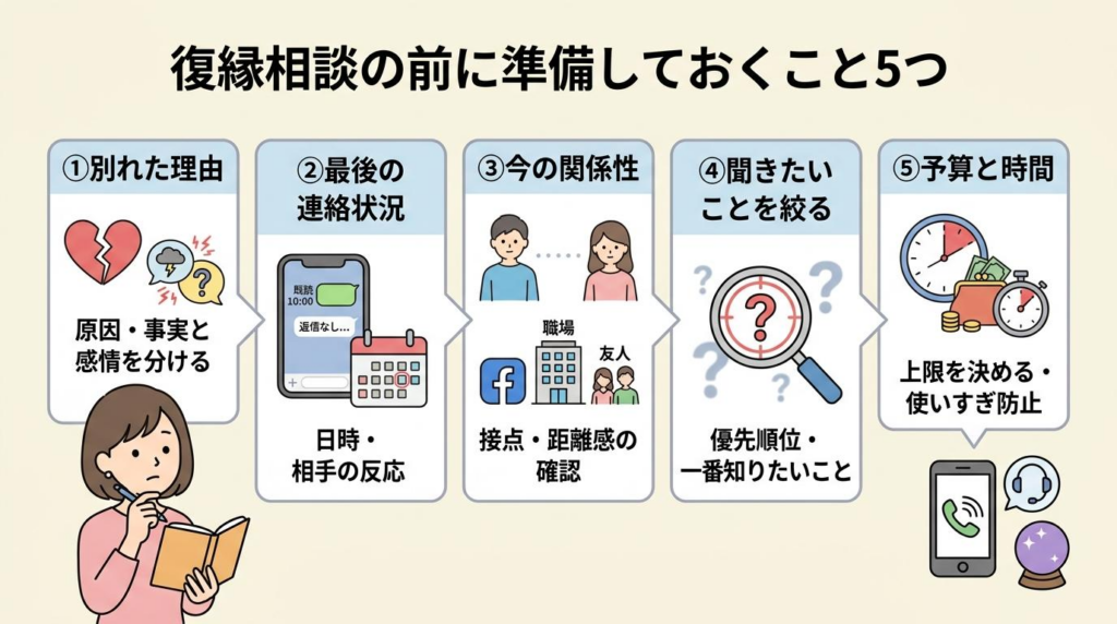 復縁相談の前に準備しておく別れた理由・連絡状況・今の関係性・聞きたいこと・予算と時間の図解
