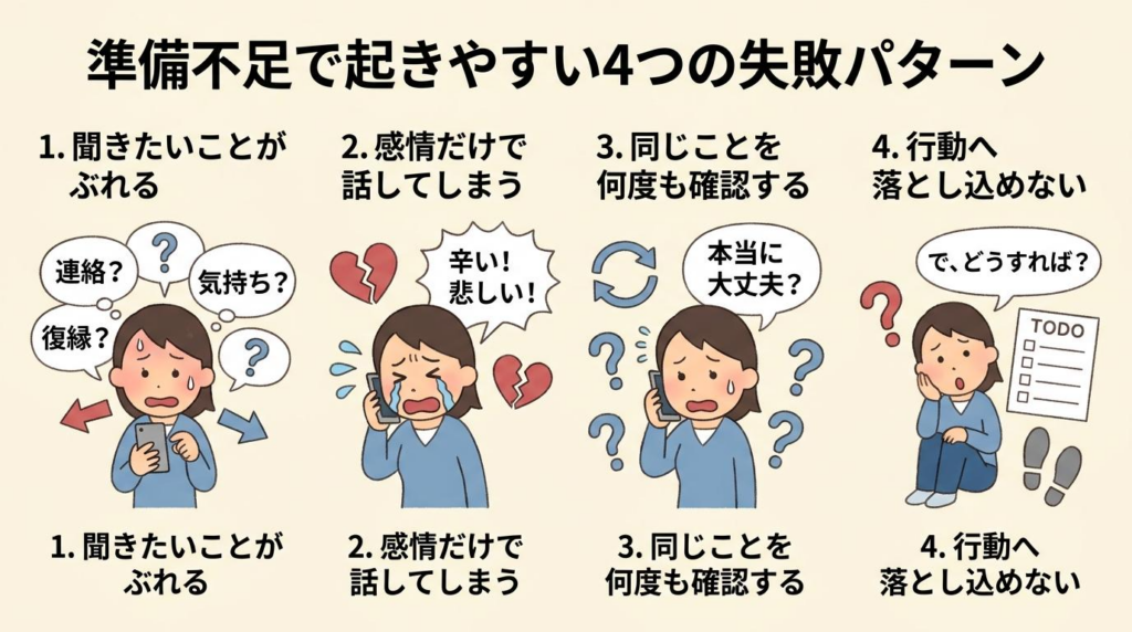 復縁相談で準備不足のまま相談すると起きやすい4つの失敗パターンの図解