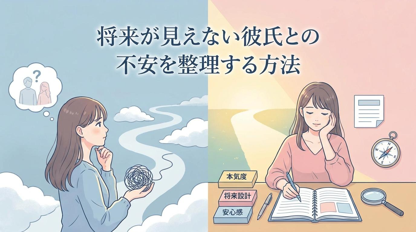 将来が見えない彼氏への不安を整理する女性のイラスト
