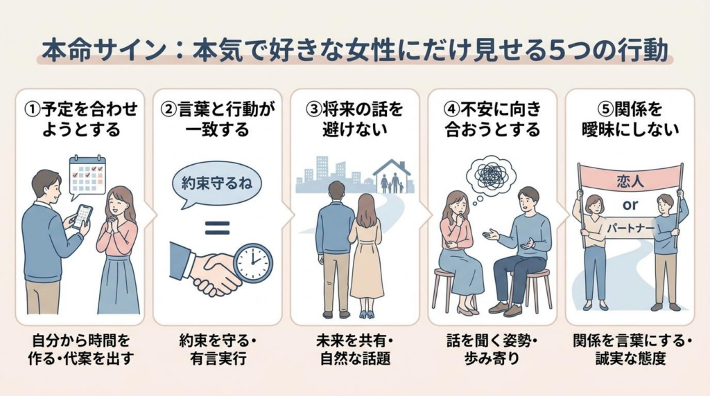 男性が本気で好きな女性にだけ見せる5つの本命サインをまとめた図解
