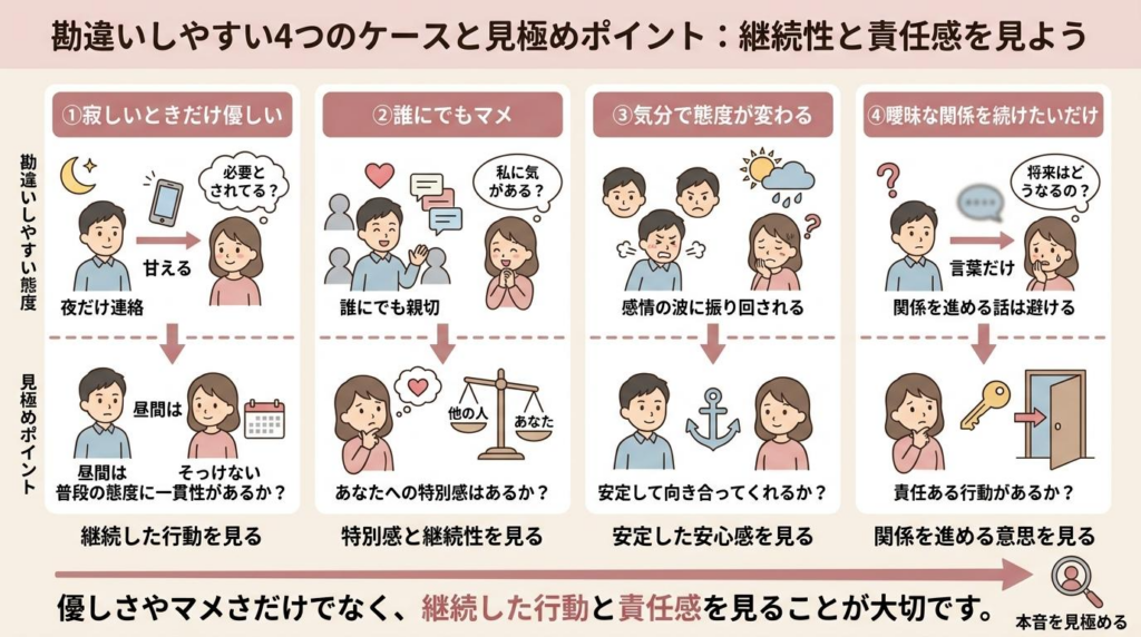 彼の本音がありそうに見えて勘違いしやすい4つのケースと見極めポイントの図解