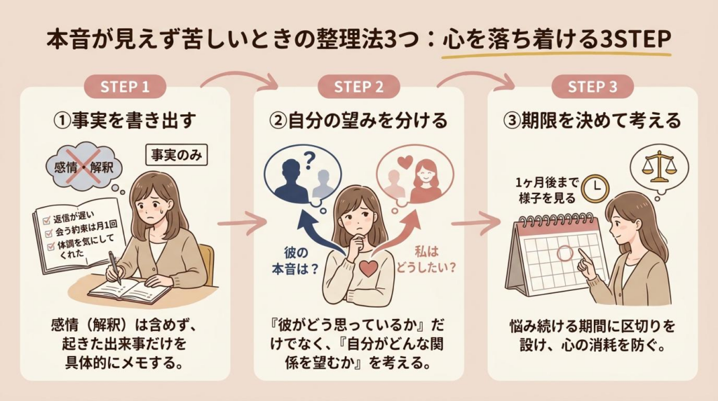 彼の本音が見えず苦しいときに事実と望みと期限で整理する3ステップ図解