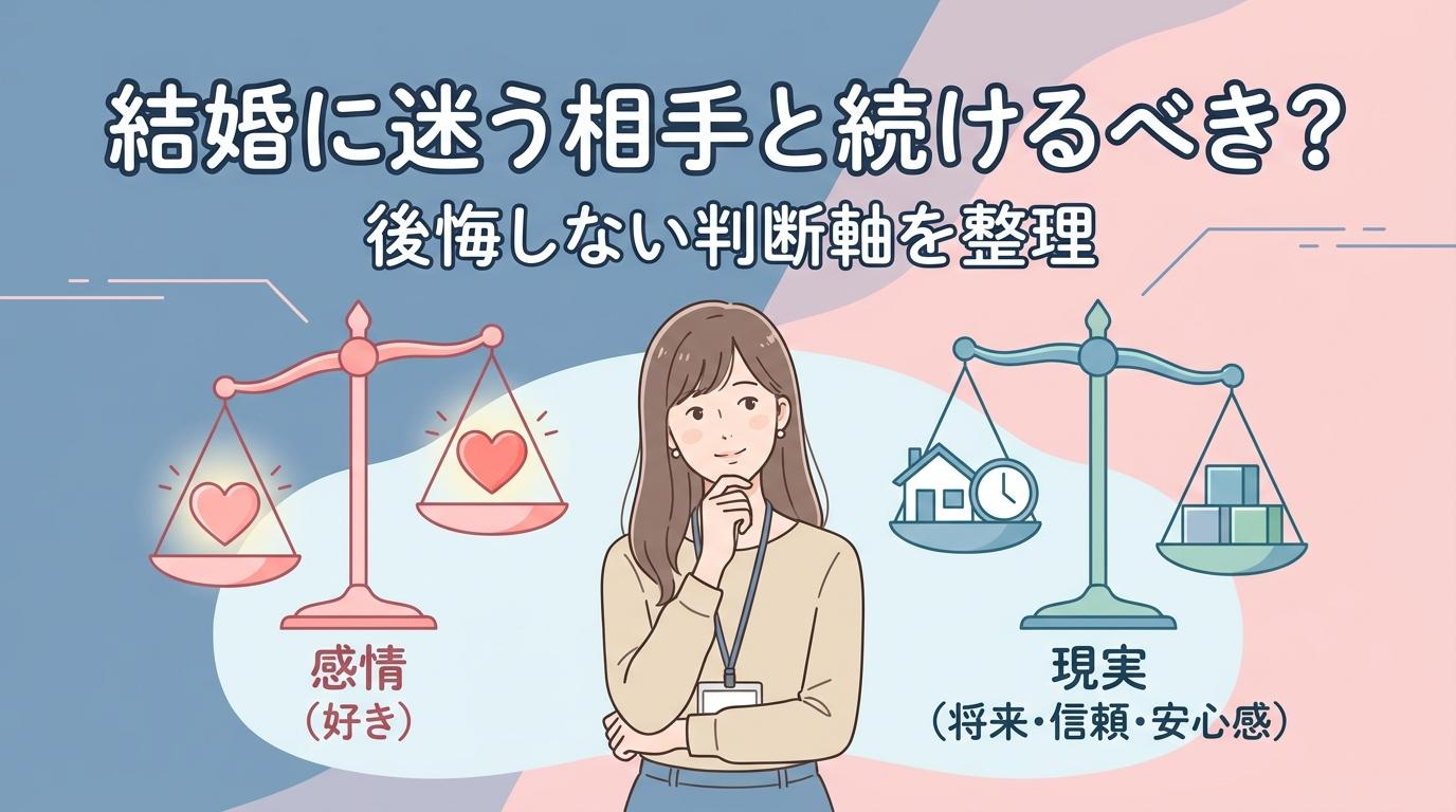 結婚に迷う相手と続けるべきか後悔しない判断軸を整理する女性のイラスト
