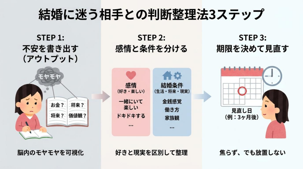 結婚に迷う相手との判断整理法3ステップを解説する図解