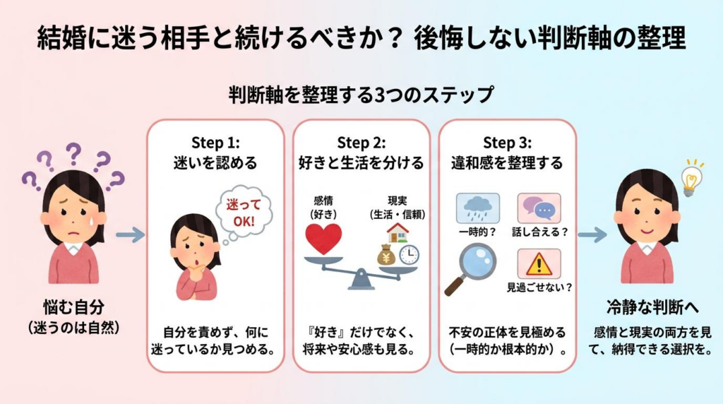 結婚に迷う相手と続けるべきか判断軸を整理する3つのステップの図解