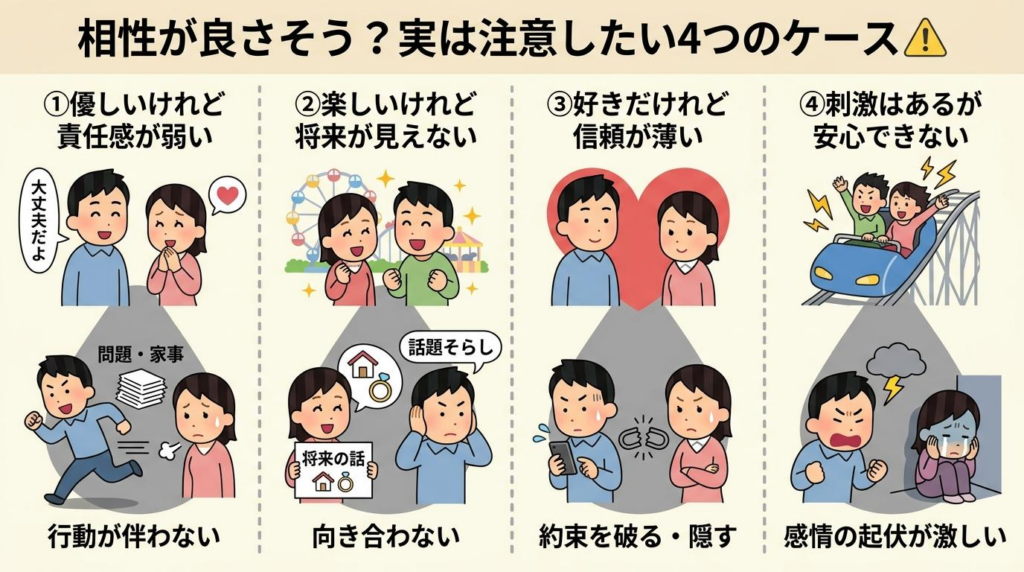 相性が良さそうでも注意したい男性の4つのケースを整理した図解