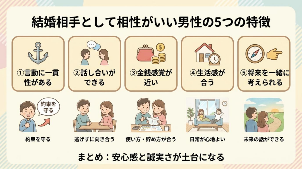 結婚相手として相性がいい男性の5つの特徴を整理した図解