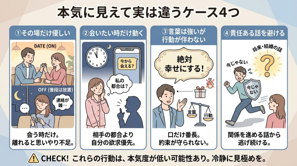 本気に見えて実は違う男性の行動4つを整理した図解